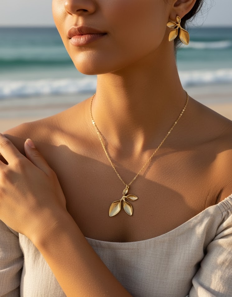 Gold Leaf Necklace & Earring Set