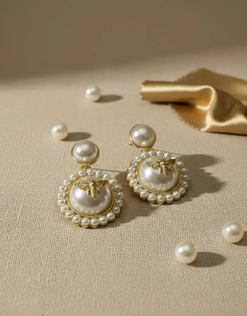 Pearl Medallion Bee Earrings
