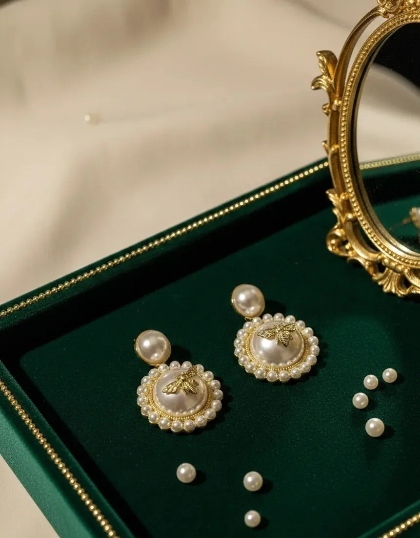 Pearl Medallion Bee Earrings