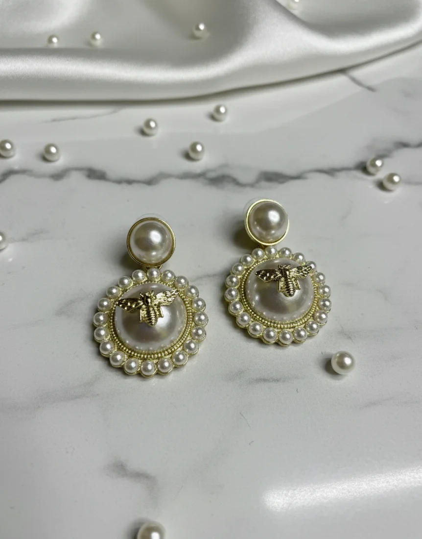 Pearl Medallion Bee Earrings
