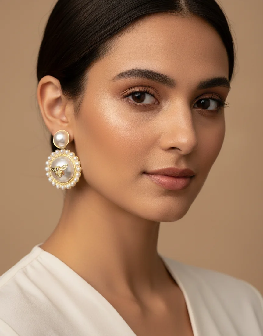 Pearl Medallion Bee Earrings